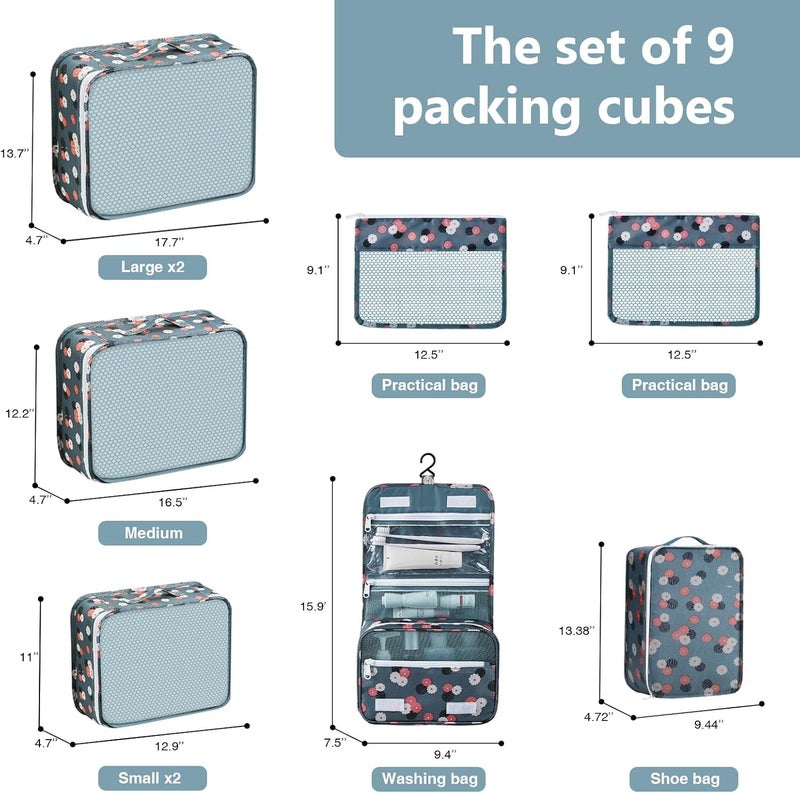 Easortm 9 Set Packing Cubes for Carry on Suitcase, Luggage Bags for Travel Packing Organizers Cubes, Luggage Organizer for Travel Accessories.(Blue Flower) - Image 4
